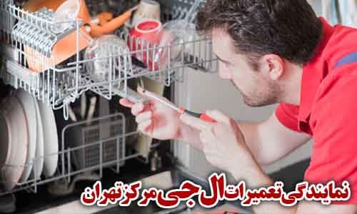 تصویر نشان می دهد که تعمیرکار مشغول تعمیر ماشین ظرفشویی ال جی در مرکز تهران می باشد